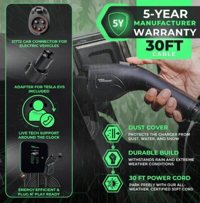 MACH 2:Fast Level 2 EV Charger 48 amp Garage-pro wall-Mount. Electric Vehicle Charging Station 4 Nema 14-50 Outlet. J1772 car Connector. Key Accessories: 30ft Cable & Tesla NACS evse Portable Adapter - Image 3