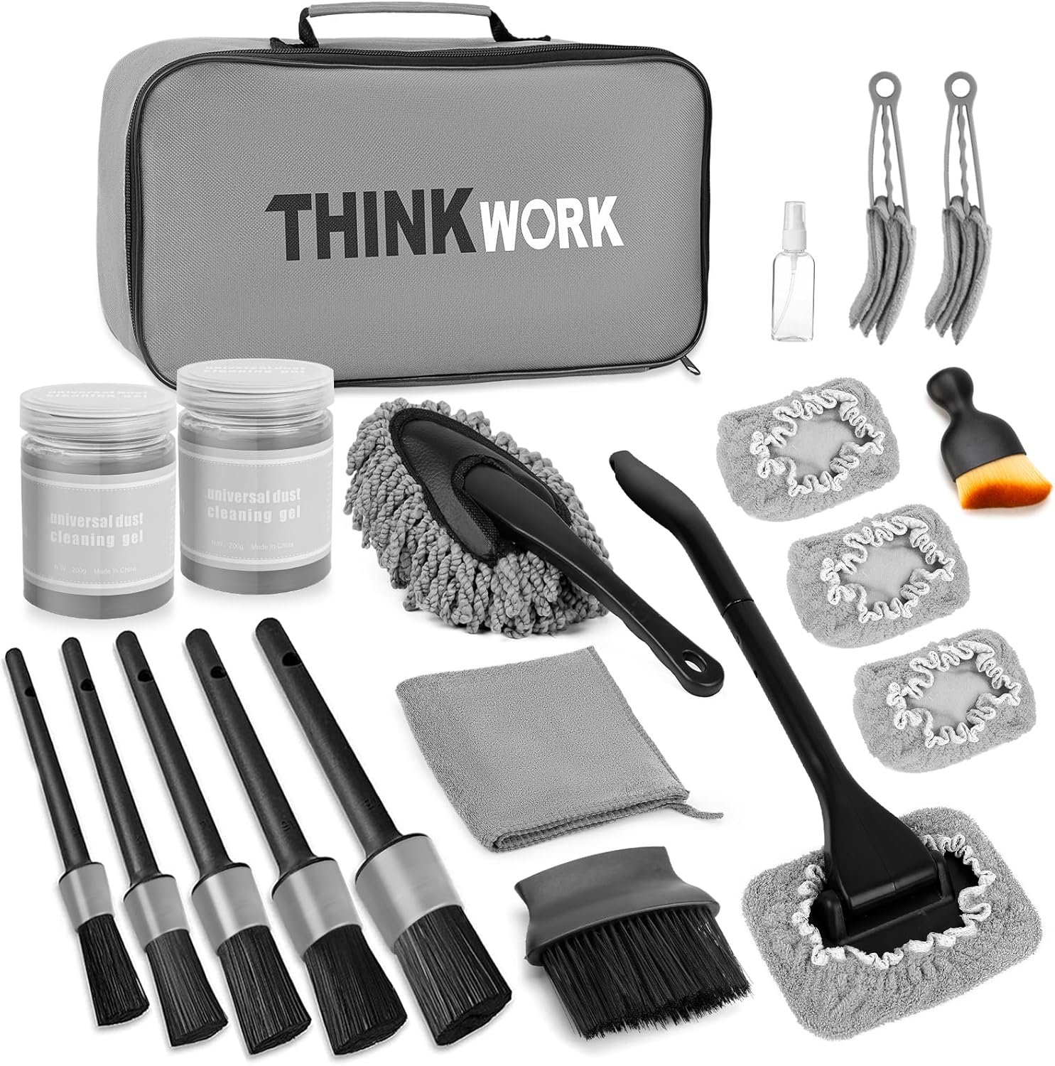 81n-ks9LBzL._AC_SL1500_.jpg THINKWORK Windshield Cleaner Tool, Car Interior Cleaning Kit, Car Detailing Kit Interior Cleaner with10Pcs Detailing Brush Set, Gray Auto Detailing Supplies & Accessories - Image 1