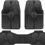 CAR PASS Rubber Floor Mats, All Weather Waterproof Trim-to-Fit Automotive Mats for Cars Trucks SUV, Anti-Slip Easy Clean, Heavy Duty Full Set 3-Piece, All Black