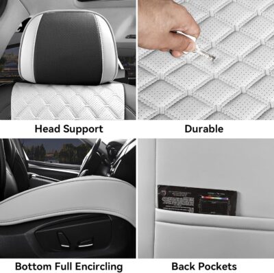 Car Seat Covers Full Set, Luxury Leather Waterproof Non-Slip Seat Protector Universal Fit for Most Cars SUVs Trucks Pick-ups,White and Black Car Accessories Interior(Full Set White) - Image 2