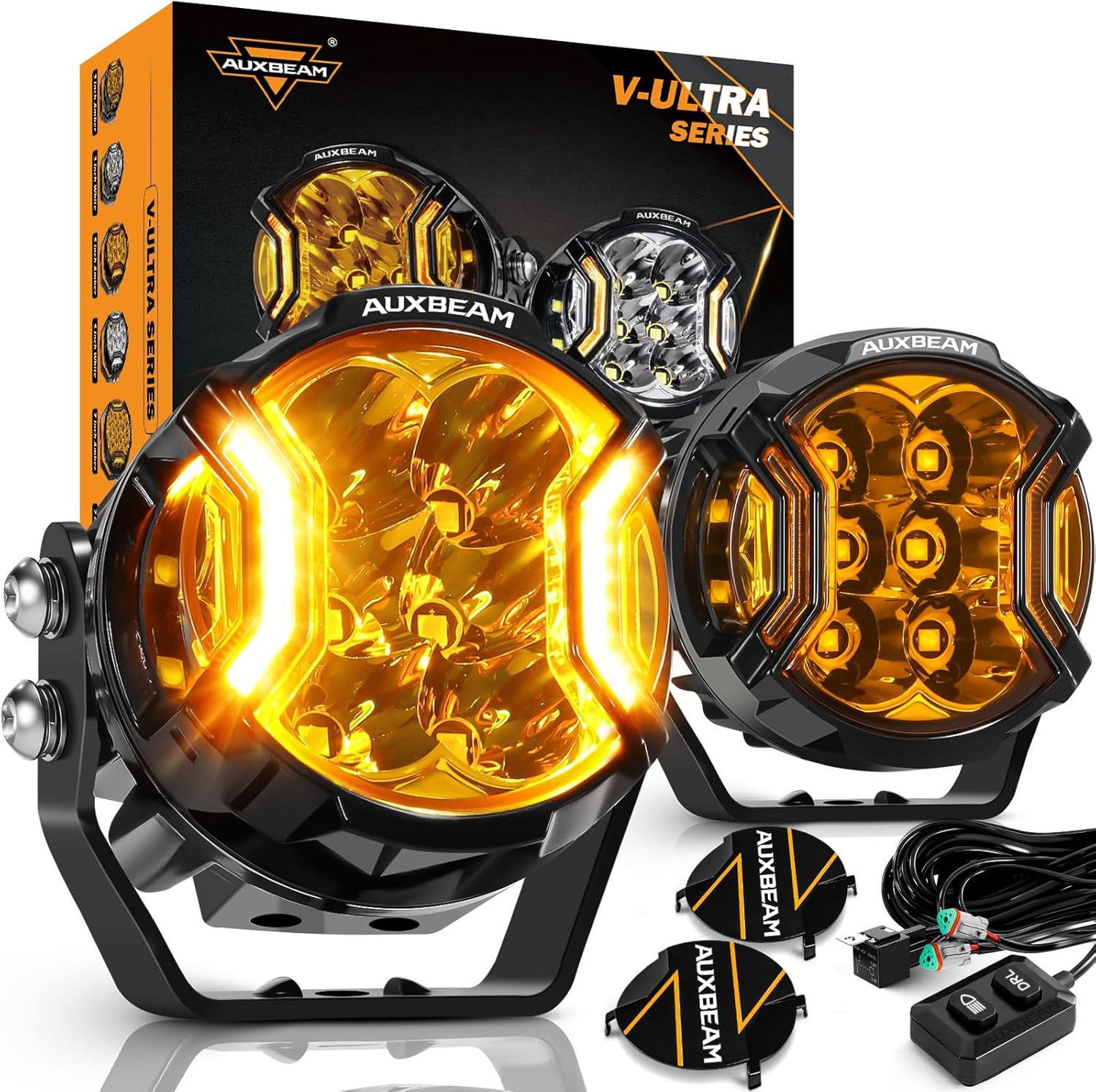 81nAMtF76UL._AC_SL1500_.jpg Auxbeam V-Ultra Series 3 Inch 108W Amber Fog Light Pods, DRL Function 3 Modes & Protective Covers, 270° Side Shooter Light Bar, Hyper Spot Beam Offroad Lights, for Truck ATV UTV Car Motorcycle, Pair - Image 1