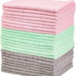 Amazon Basics Microfiber Cleaning Cloths, Ultra-Soft and Highly Absorbent, Streak-Free, Lint-Free, Scratch-Free, Washable, for Car Detailing and Glass Cleaning, 16" x 12", Green/Gray/Pink, 24-Pack