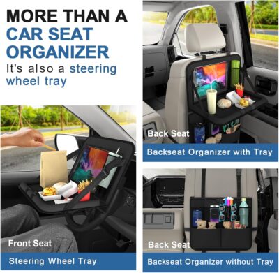 Car Backseat Organizer with Detachable Steering Wheel Tray, 11-Pockets Storage & Tablet Holder, Kids Kick Mats Protector - Travel Accessories (1-Pack) - Image 3