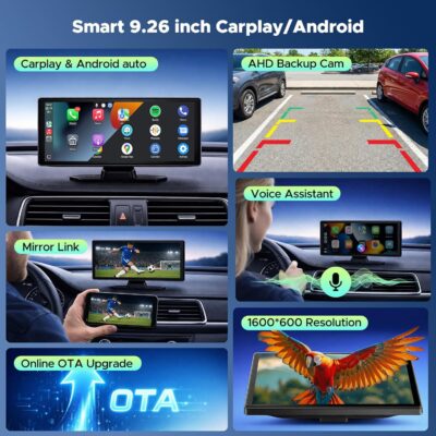 LAMTTO 9.26" Wireless CarPlay Screen for Car - Apple CarPlay & Android Auto Touchscreen, 1600x600 HD IPS Display, Plug & Play, OTA Updates, Waterproof Backup Camera & Screen Mirroring - Image 2