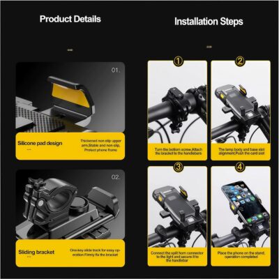 4 in 1 Bike Phone Mount with Light, Bicycle Phone Holder with 500 Lumen LED Headlight,3000mAh USB Charger&130dB Horn,Easy Install for Handlebar,E-Bike,Road & Mountain Bicycle(Black) - Image 8