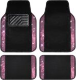 CAR PASS Bling Diamond Car Floor Mat Shining Rhinestones Carpet, Sparkly Glitter Crystal Anti-Slip PVC Heel Pad Automotive Universal Fit for SUV Sedan Car Van, 4pcs for Girl Cute Women, Black Pink