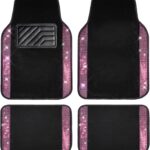 CAR PASS Bling Diamond Car Floor Mat Shining Rhinestones Carpet, Sparkly Glitter Crystal Anti-Slip PVC Heel Pad Automotive Universal Fit for SUV Sedan Car Van, 4pcs for Girl Cute Women, Black Pink