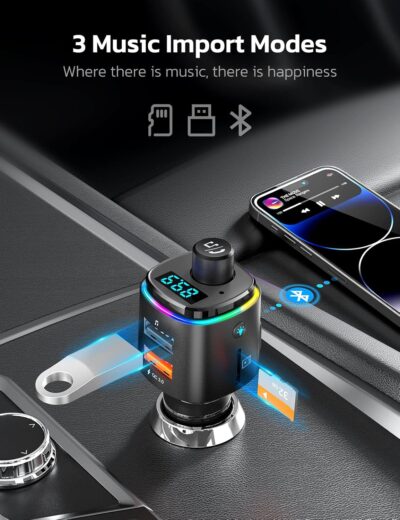 Nulaxy Bluetooth FM Transmitter, QC3.0 Fast Charge Bluetooth Car Adapter, Wireless Radio Car Kit with 7 Color LED Backlit, USB Flash Drive, microSD Card, Glossy Black - Image 3