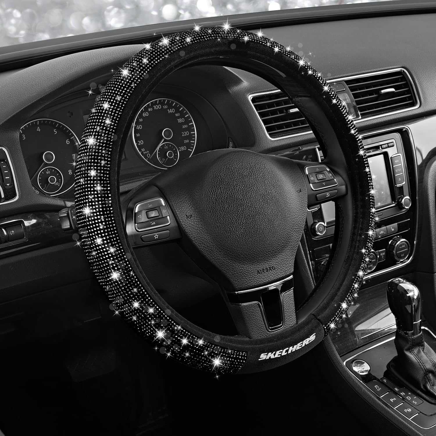 81nxp5uqCTL._AC_SL1500_.jpg Skechers Women’s Bling Steering Wheel Cover, Velvet with Sparkly Crystal Rhinestones, Stylish Car Interior Gift, Universal Fit 14" 1/2-15" for Cars, SUVs, Trucks, Black Diamond - Image 1