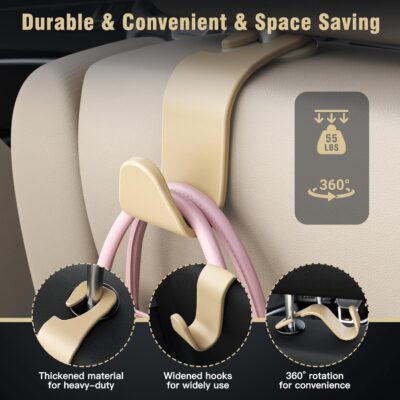 Amooca 4-Pack Car Headrest Hooks Vehicle Storage Organizer for Purses Handbags Groceries Coats –Holds 55lbs 360° Rotating Simple Design Beige - Image 5
