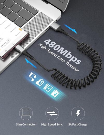 Coiled USB A to USB C Cable for Car, 2 Pack Type C Charger Fast Charging Cable 3FT, USB to USBC Cable for Carplay, Android Auto, iPhone 17 16 15 Pro Max, Samsung Galaxy S25 S24 S23 Ultra - Image 5