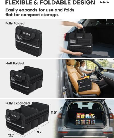 HOTOR Tactical Car Trunk Organizer - Foldable Trunk Organizer for SUV with Front MOLLE Pocket & Reflective Strips, Essential Car Accessories for Tools & Outdoor Storage, 12.8" x 21.7" x 11.0", Black - Image 3