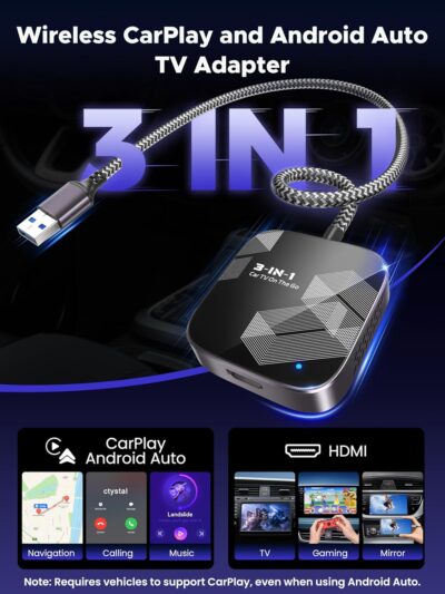 3-in-1 Wireless CarPlay Adapter 2026, Android Auto & Car Play Converter with HDMI Input for Fire TV Stick, Screen Mirroring & Streaming for Netflix/YouTube, Metal&Glass Case, Fit for 2016+ Cars -Black - Image 2