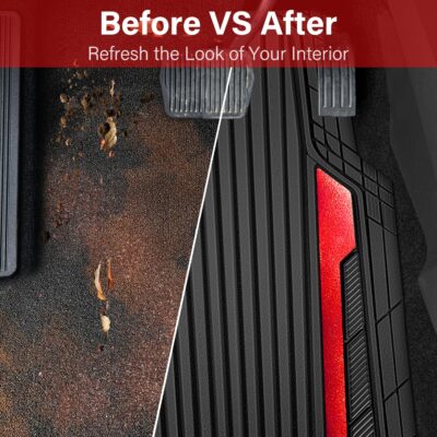 CAR PASS Heavy Duty Rubber Car Mats Metallic, Aluminum Film All Weather Floor Mats Waterproof Universal Trim to Fit Automotive SUV Sedan Van 4 Piece Anodized Deep Dish Two-Tone Sporty Black Red Chrome - Image 6