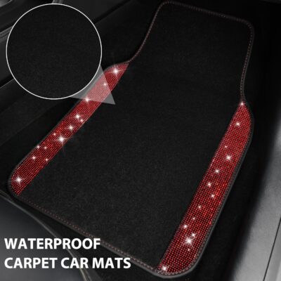 CAR PASS Bling Diamond Car Floor Mats, Shining Rhinestone Carpet Sparkly Glitter Crystal with Anti-Slip PVC Heel Pad Waterproof Universal Fit Automotive SUV,Sedan,Van,Cute Girl Women,4pcs Black Red - Image 3