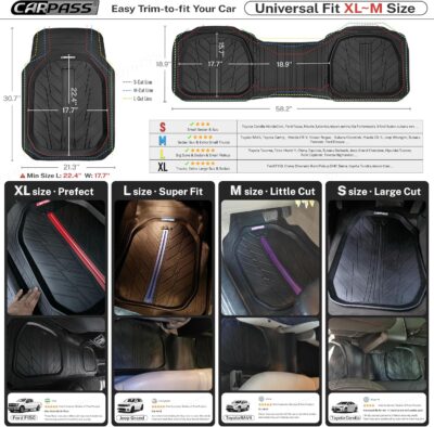 CAR PASS DeepDish Heavy Duty Rubber Floor Mats 3-Piece, Universal M-XL Size Trim-to-Fit Automotive Floor Mats for Truck Van SUV, Durable Waterproof All Weather Car Mats (Solid Black) - Image 6