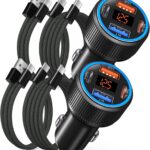 65W 4 Port Super Fast Type C Car Charger USB C for Samsung S25 S24 S23 Ultra A53 A16, iPhone 17 16 15 PD/QC 3.0 Fast Charging 12V Car Cigarette Lighter Adapter with Voltage Meter+4 Pack USB-C Cables