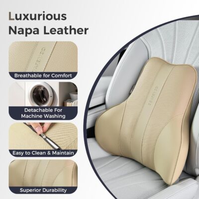 Coverado Lumbar Support Pillow for Car, Ergonomic Memory Foam Back Pillow for Office Chair, Back Cushion for Back Pain Relief, PU Leather Car Lumbar Support for Driving Seat - Beige - Image 5