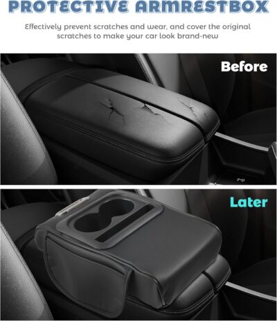 Car Armrest Storage Box,Car Accessories Console Organizers and Storage,Universal Waterproof Leather Console Cover with Cup Holder and Phone Holder,Suitable for Most Cars (Normal, Black) - Image 4