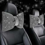 2 PCS Bling Car Pillows, Rhinestones Bowknot Bling Car Headrest Pillow, Car Neck Pillow for Driver Cool Relax Necksupport, White Crystal Diamond Car Accessories for Women