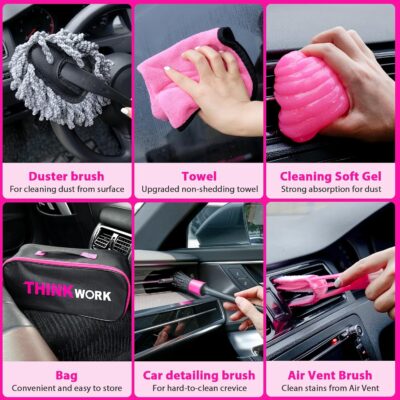 THINKWORK Car Detailing Kit Interior Cleaner, Car Cleaning Kit with 8000PA Cordless Pink Handheld Vacuum Cleaner, Car Interior Detailing Brush Set, Pink Car Accessories, Gift for Women - Image 5
