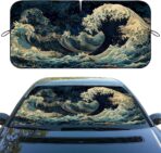 Blue Ocean Waves Car Windshield Sunshade, Universal Fit, 59L x 31.5W Inch, UV Protection, Easy to Use and Store