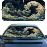 Blue Ocean Waves Car Windshield Sunshade, Universal Fit, 59L x 31.5W Inch, UV Protection, Easy to Use and Store