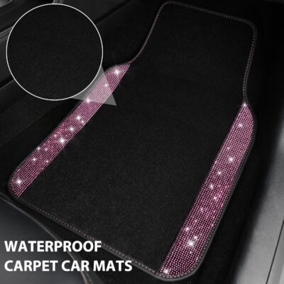 CAR PASS Bling Diamond Car Floor Mat Shining Rhinestones Carpet, Sparkly Glitter Crystal Anti-Slip PVC Heel Pad Automotive Universal Fit for SUV Sedan Car Van, 4pcs for Girl Cute Women, Black Pink - Image 4