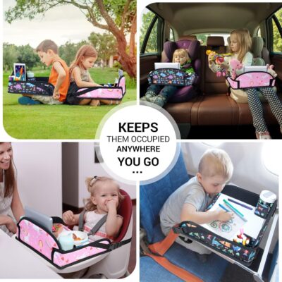 COOLBEBE Kids Travel Tray for Toddler Car Seat, 2PCS Travel Tray for Airplane, Toddler Car Seat Lap Tray, Carseat Table Tray for Kids Travel Activities(Dinosaur & Pink Unicorn) - Image 6