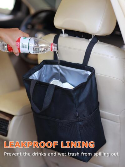 Ginsco New Leak-Proof Travel Car Trash Bag, 3.5 Gallons Large Capacity Hanging Car Trash Can with Hook and Loop Lid and Handle, Multipurpose Trash Bin with Storage Pockets for SUV RV Camping (Black) - Image 5