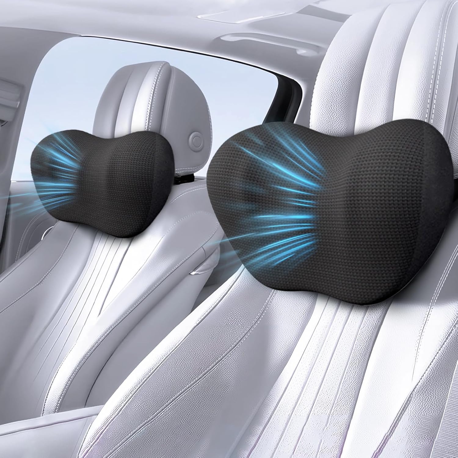 81qRcrq5e0L._AC_SL1500_.jpg 2 Pack Car Headrest Pillow, Comfy Head Rest Pillow for Car, 100% Memory Foam Car Neck Pillow for Driving - Universal Fit Travel Car Pillow for Pain Relief While Driving(Comes with 2 Eye Masks) - Image 1