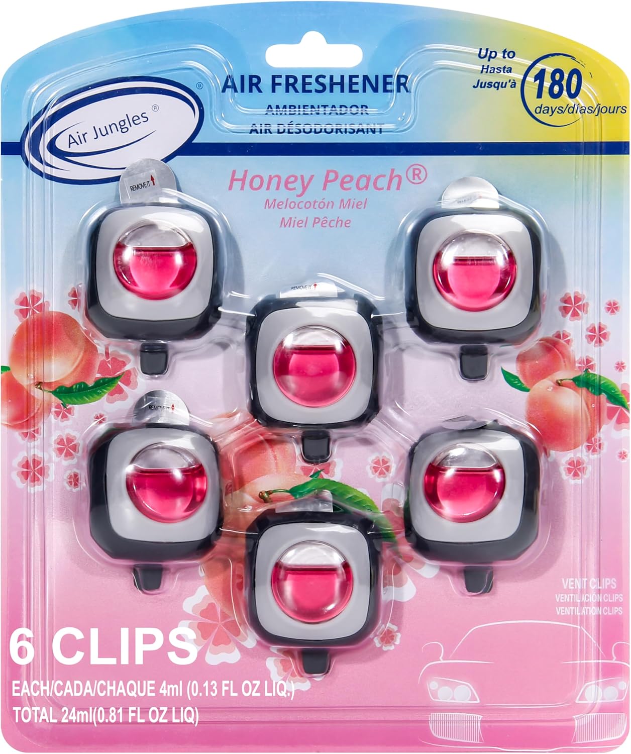 81qYjfxewsL._AC_SL1500_.jpg Air Jungles Honey Peach Scent Car Air Freshener Vent Clip, 6 Count Long Lasting Up to 180 days, Natural Essential Oil Car Fragrance for Women and Men, Odor Eliminator - 4ml Each - Image 1
