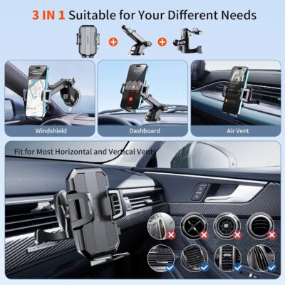 Upgraded 3-in-1 Car Phone Holder Mount [Powerful Suction] Phone Mount for Car Dashboard Air Vent Windshield,for All iPhone Android Phone (Black) - Image 2