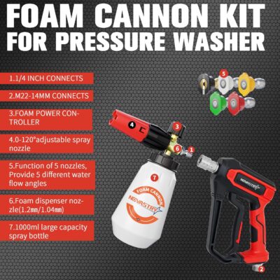 Pressure Washer Foam Cannon Gun & Sprayer Kit, Car Wash Kit, 5 Adjustable Nozzles, 1/4" Quick Connect, Fits for 1000-4000 PSI, Includes Foam Sprayer & Accessories - Image 3