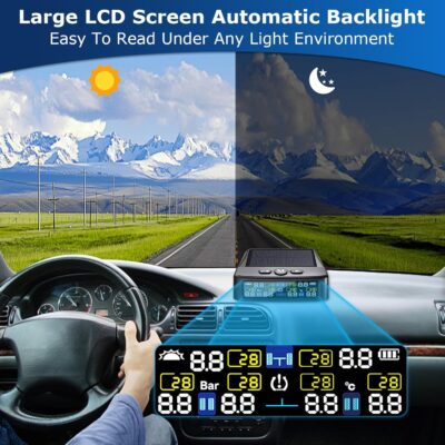 RV Tire Pressure Monitoring System -TPMS Tire Pressure Monitor with 6 Sensors,M12-3 TPMS Solar Charge & USB Color LCD Display, 0-9.9BAR/144PSI Range, 6 Alarm Modes for RV/Trailer/Truck IP67 - Image 3