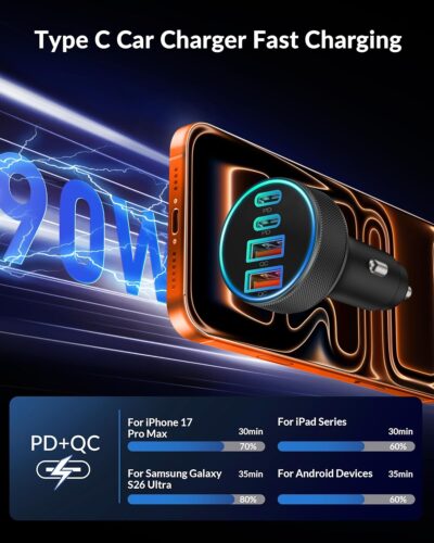 Car Charger USB C, 4-Port 90W Super Fast Charging Car Phone Charger Accessories Dual USB-C & USB-A Cargador Carro Cigarette Lighter Adapter for iPhone 17 16 15 14 13 12, iPad, Galaxy, Tablet, Android - Image 3