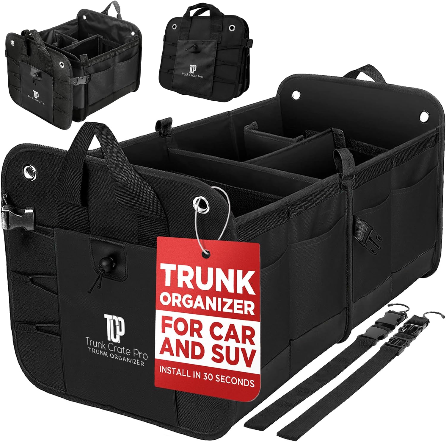 81r4DnL2LOL._AC_SL1500_.jpg TRUNKCRATEPRO Trunk Organizer For Car, Suv, Truck | Premium Adjustable Multi Compartments Collapsible Car Trunk Organizer With Securing Straps & Non-Slip Bottom (Large Size, Black) - Image 1