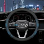 Leather Steering Wheel Cover for Chevy Silverado 1500 2500 3500, 14.5-15 inches Car Steering Wheel Cover with Non-Slip Breathable (Blue)