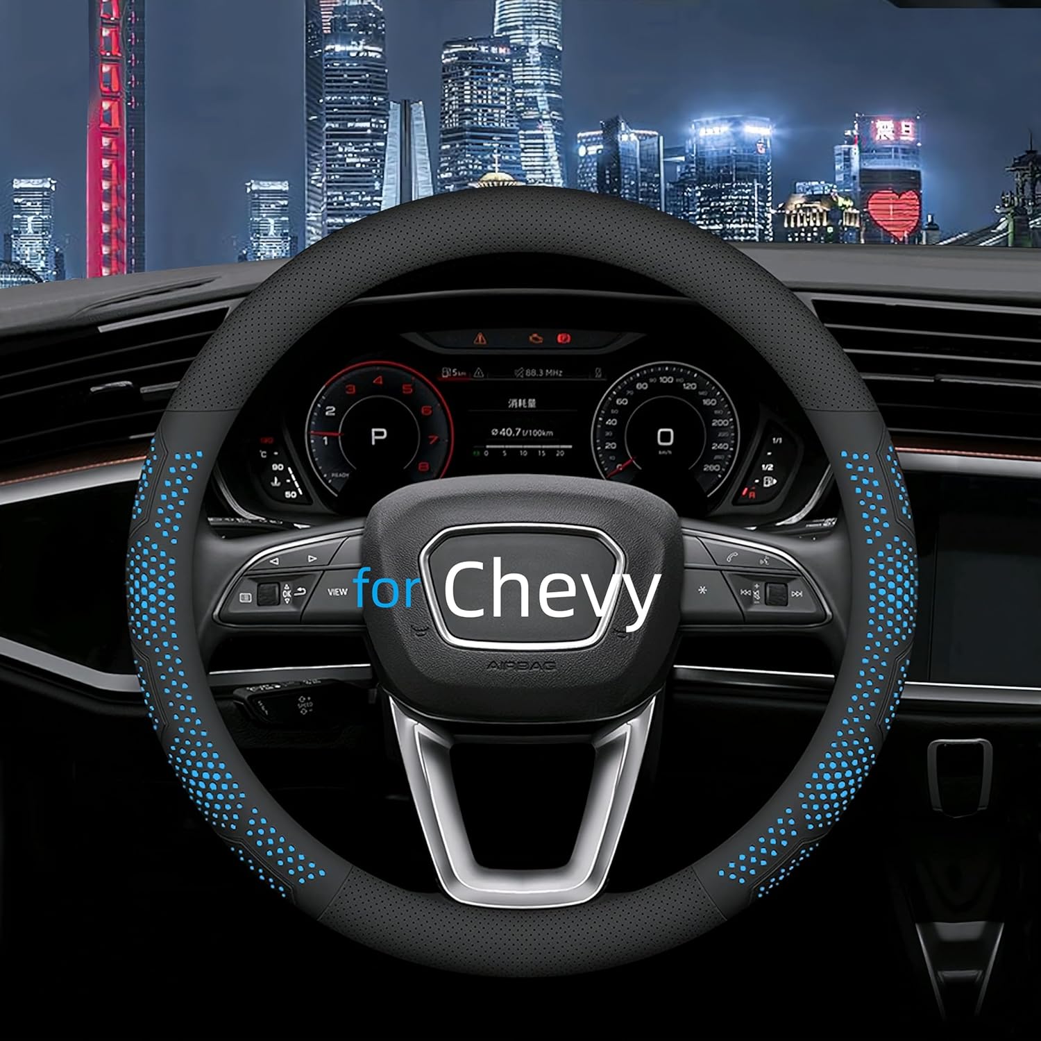 81r7CSUw4DL._AC_SL1500_.jpg Leather Steering Wheel Cover for Chevy Silverado 1500 2500 3500, 14.5-15 inches Car Steering Wheel Cover with Non-Slip Breathable (Blue) - Image 1