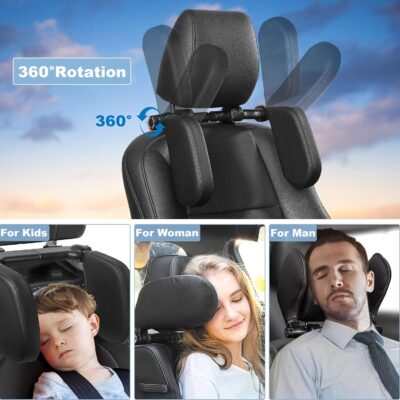 Car Headrest Pillow, Adjustable Head Rest Pillow for Car Seat, Head Neck Support for Kids Adults Travel Sleeping, Fit for Headrest with Poles (Black) - Image 5