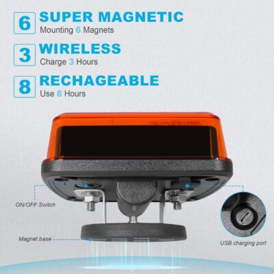 Agrieyes 2Pcs Rechargeable Flashing Lights for Vehicles, Super Magnetic Strobe Hazard Lights, Wireless Portable Amber Led Warning Beacon Emergency Light for Trucks Bus Tractor Oversize Trailer - Image 5