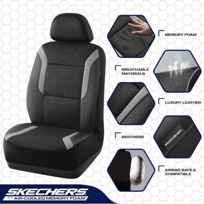 Skechers Memory Foam Car Seat Covers, Air Cool Mesh Thick Seat Covers, Gray Two Front Car Seat Protector, Airbag Compatible, Automotive Comfort & Protection for Most Cars, Van,Trucks, SUV,Grey - Image 3