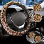 Brown Leopard Print Fuzzy Steering Wheel Cover for Women, Universal Auto Steering Wheel 14-15 Inch Soft Warm Car Interior Accessories with 2PCS Car Coasters, Suitable for Men and Women