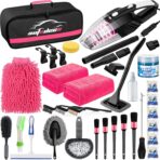 AUTODECO 39Pcs Car Cleaning Wash Kit Interior Detailing Cleaner Kit with High Power Handheld Vacuum, Brush Set, Windshield Tool, Duster, Towels, Tire Brush, Complete Car Care Tools, Pink