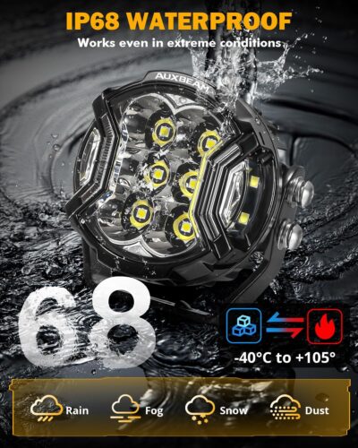 Auxbeam 3 Inch Round Driving Lights, 108W Side Shooter Offroad Pod Lights with Amber DRL, 270° Ultra-Wide Ditch Light Hyper Spot Beam Work 3 Modes White Amber Yellow Cube Pod with Covers, Pair - Image 6