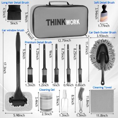 THINKWORK Windshield Cleaner Tool, Car Interior Cleaning Kit, Car Detailing Kit Interior Cleaner with10Pcs Detailing Brush Set, Gray Auto Detailing Supplies & Accessories - Image 8