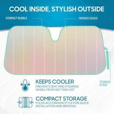 Iridescent Matte White Front Windshield Sunshade-Accordion Folding Auto Shade for Car Truck SUV-Blocks UV Rays Sun Visor Protector-Keeps Your Vehicle Cool- 58 x 27 in - Image 3