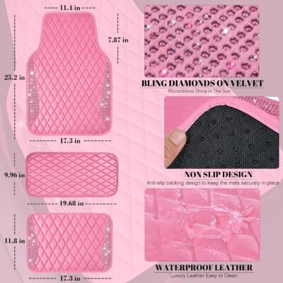 CAR PASS Bling Leather Car Mats Shining Diamond Floor Mats Crystal Rhinestones Sparkly Glitter Carpet Anti-Slip Waterproof Pad Universal Fit for Automotive SUV, Sedan, Van, 5pcs for Girl Women Pink - Image 5
