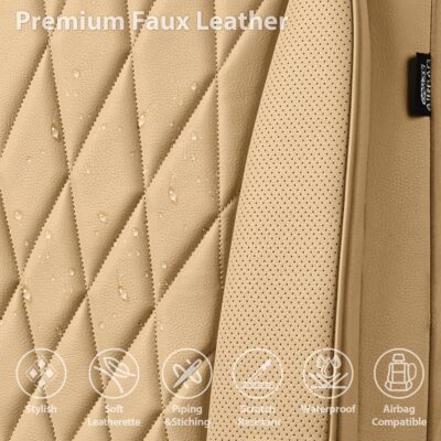 CAR PASS Piping Luxury PU Leather Two Front Car Seat Covers, Waterproof Anti Slip Seat Covers Compatible with Front Seat Armrests,Universal Fit for Suvs,Vans,Trucks,Airbag Compatible(All Beige) - Image 4