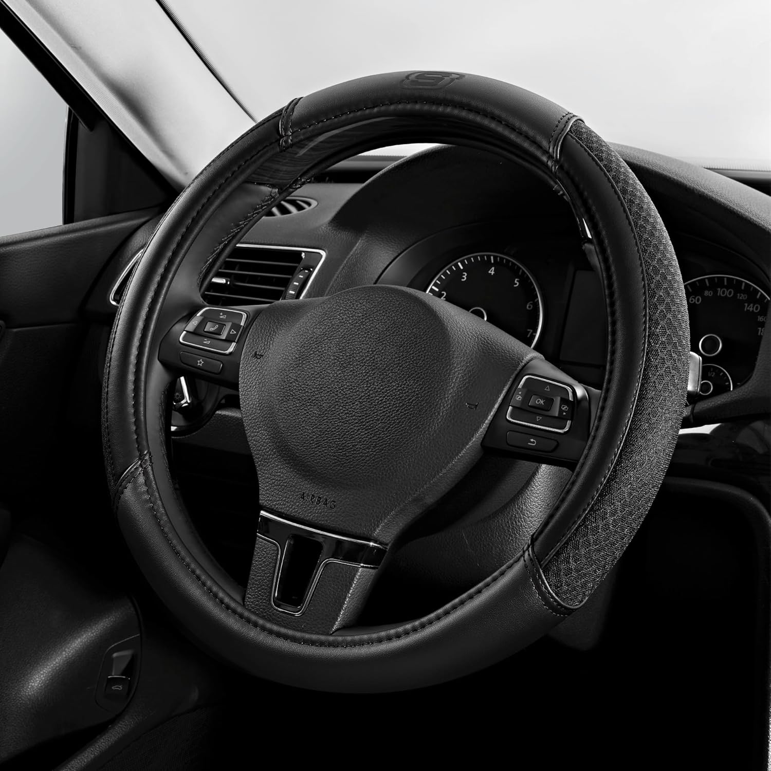 81sVSNzFq3L._AC_SL1500_.jpg Skechers Air-Cooled Steering Wheel Cover,Leather Car Steering Wheel Cover Universal Fit 14" 1/2-15" Car Wheel Protector for Men Women Fit Suvs,Vans,Sedans,Car,Trucks,Black - Image 1